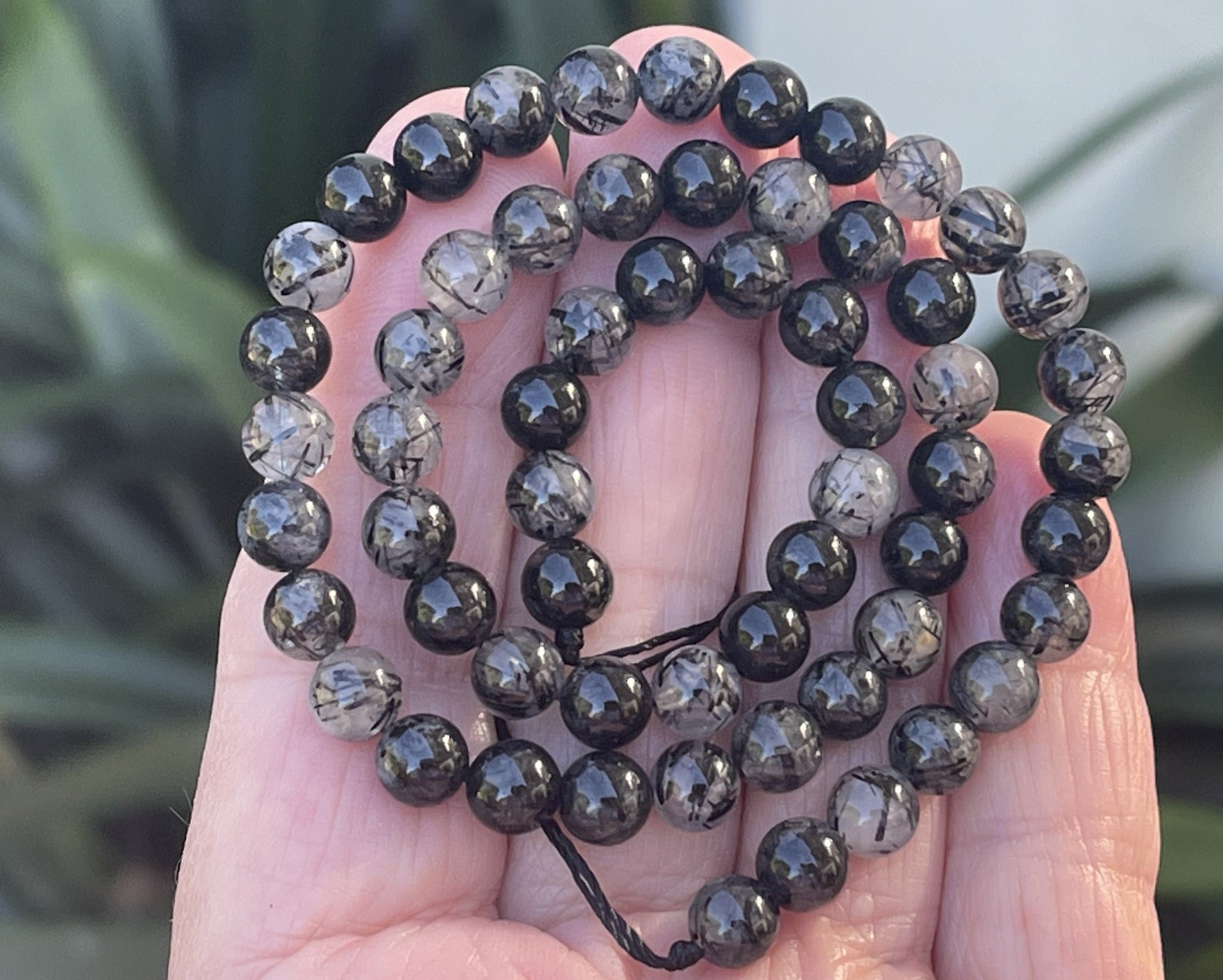 Black Tourmaline Rutilated Quartz 6mm round natural gemstone beads 15" strand