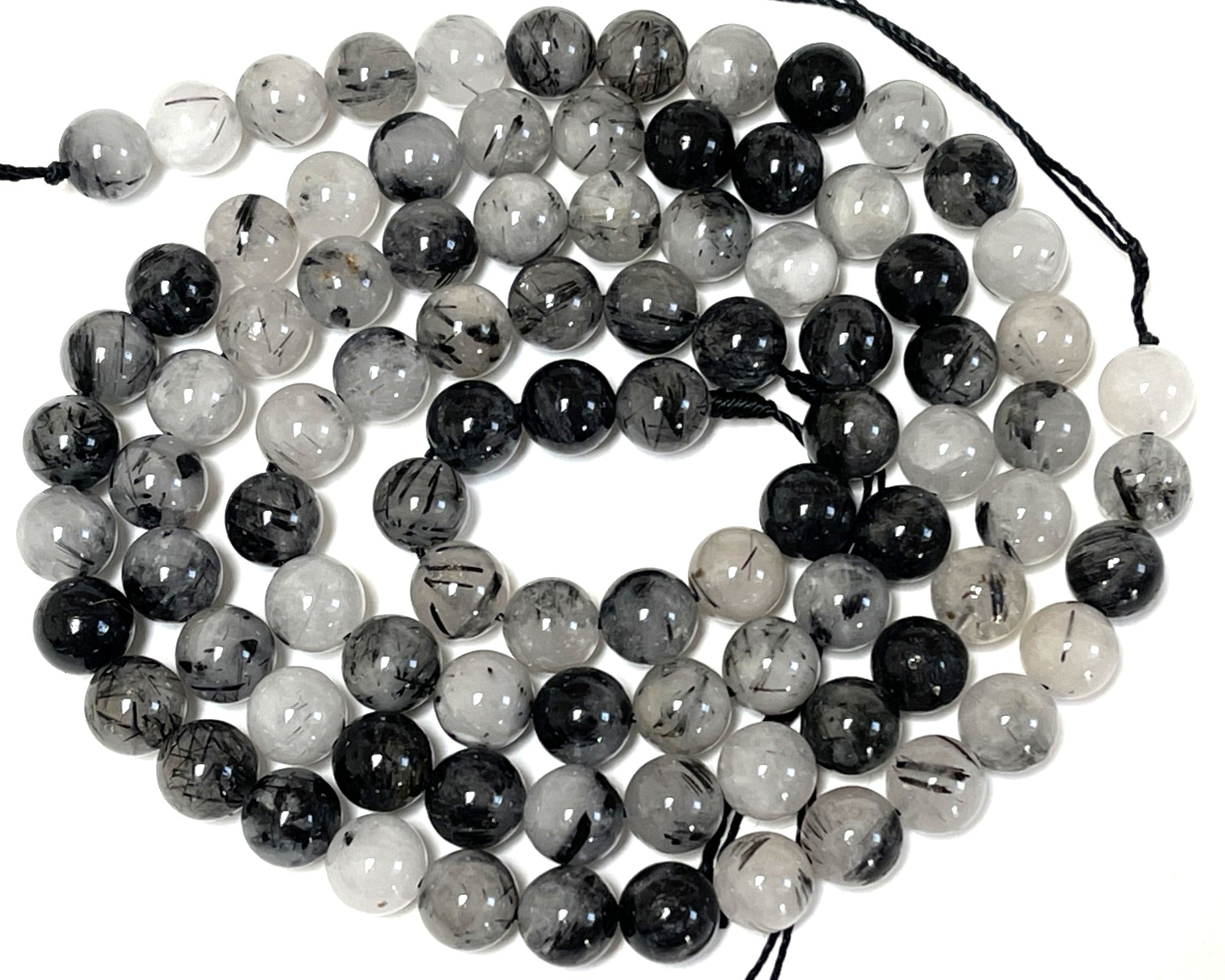 Black Tourmaline Rutilated Quartz 8mm round natural gemstone beads 15" strand - Oz Beads 