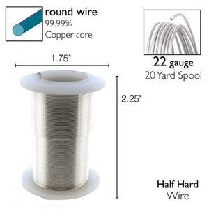 spool of silver craft wire with specifications on white background