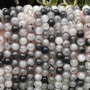 Tourmalinated Quartz 8mm round natural gemstone beads 15" strand - Oz Beads 