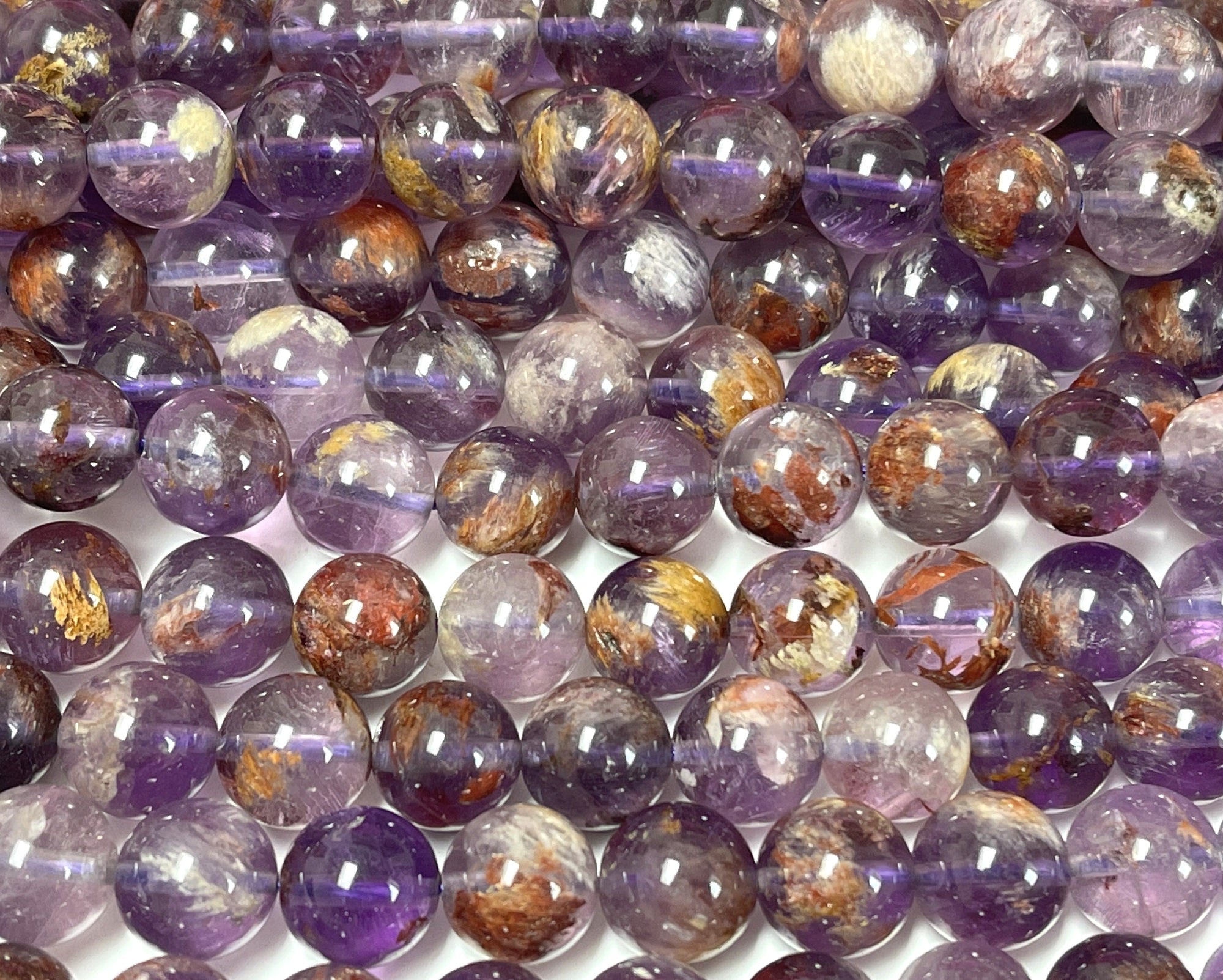Super Seven Cacoxenite Amethyst 8mm round beads 15.5" strand - Oz Beads 