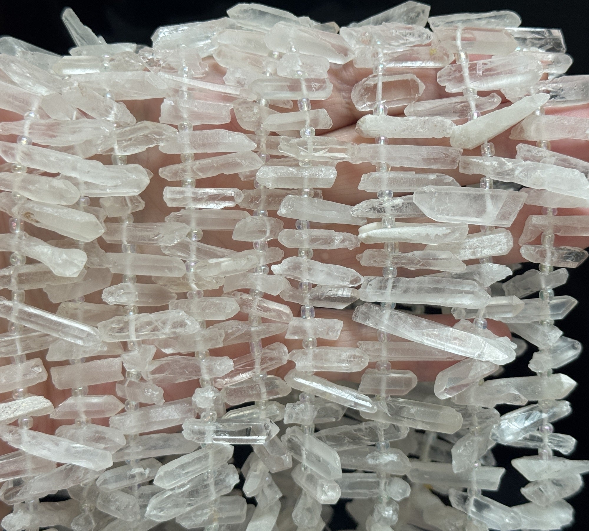 White Quartz raw top drilled points natural rock crystal beads 16" strand