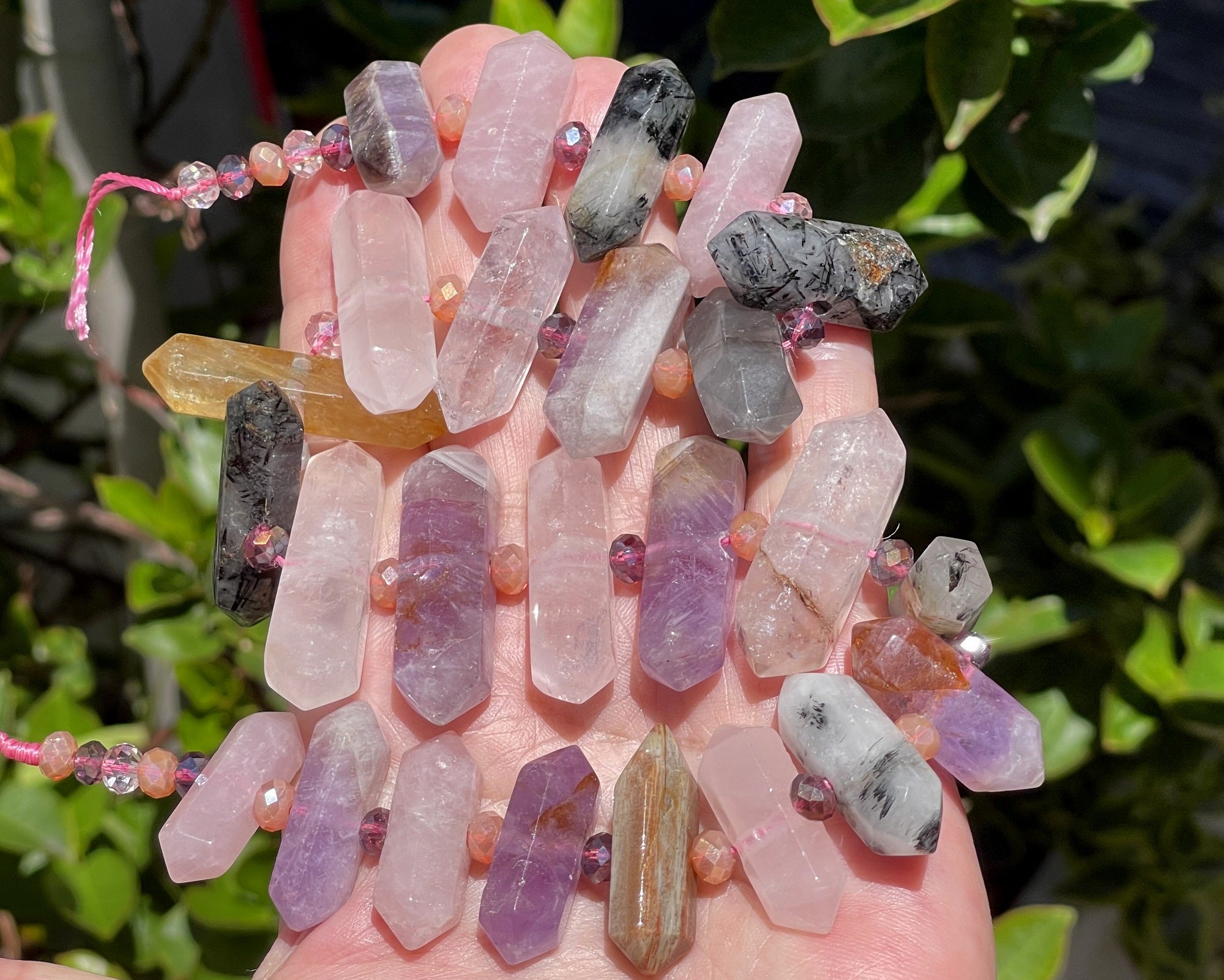 Mixed Gemstone Points 25 centre drilled double terminated natural crystal beads