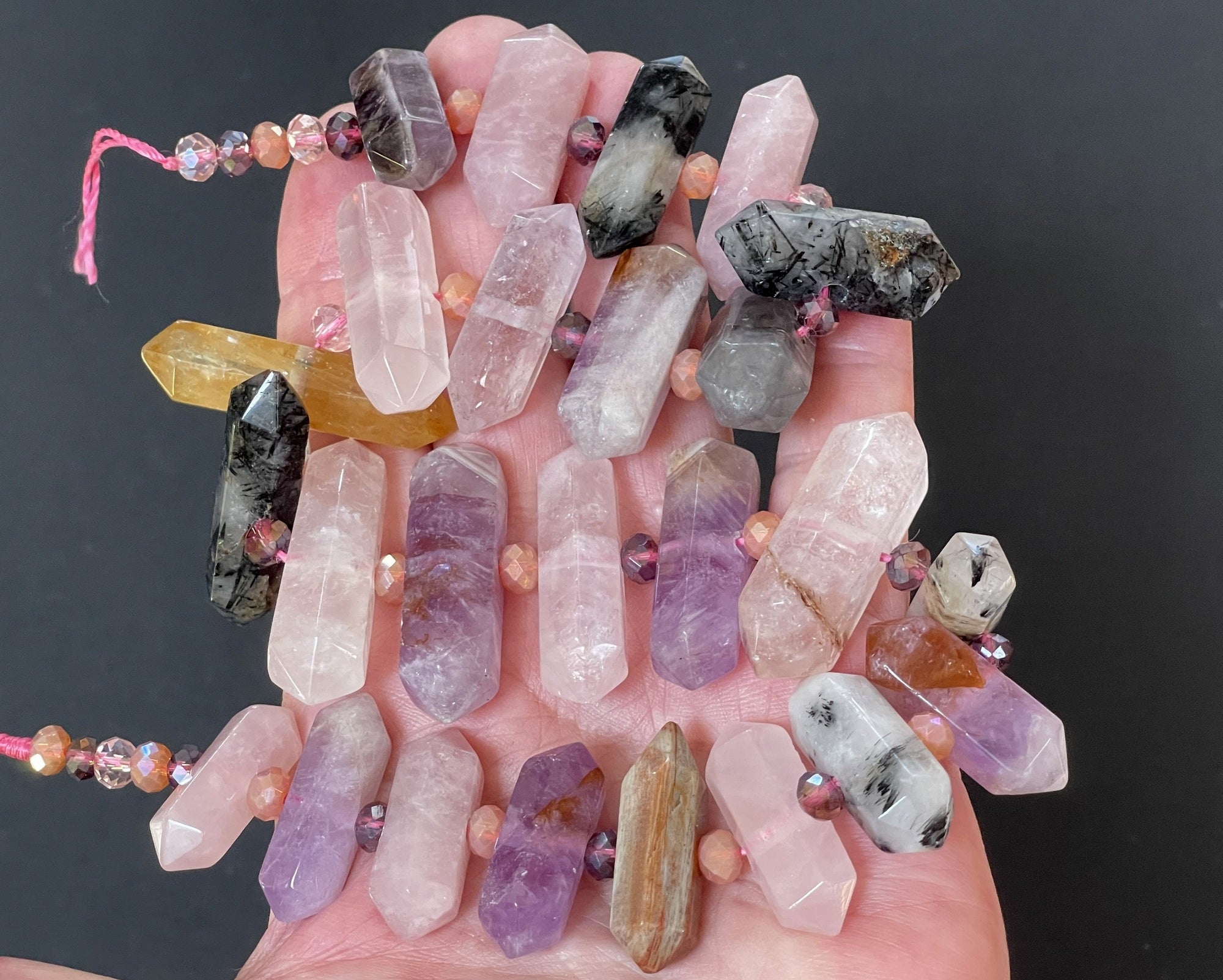 Mixed Gemstone Points 25 centre drilled double terminated natural crystal beads