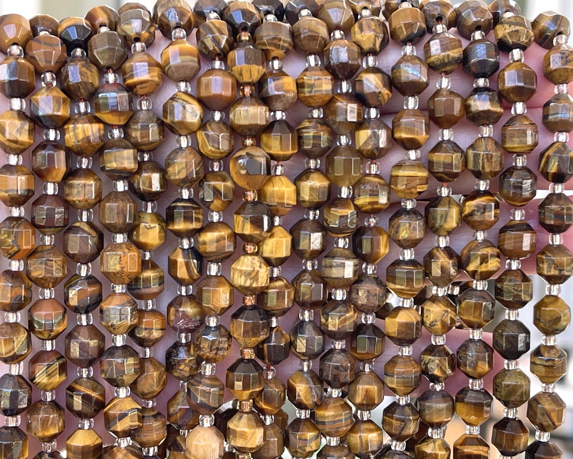 Yellow Tiger Eye faceted 7x8mm energy prism beads 15" strand