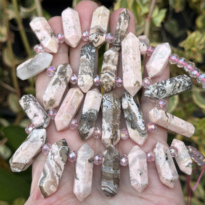 Rhodonite Points 25 double terminated top drilled natural gemstone beads - Oz Beads 