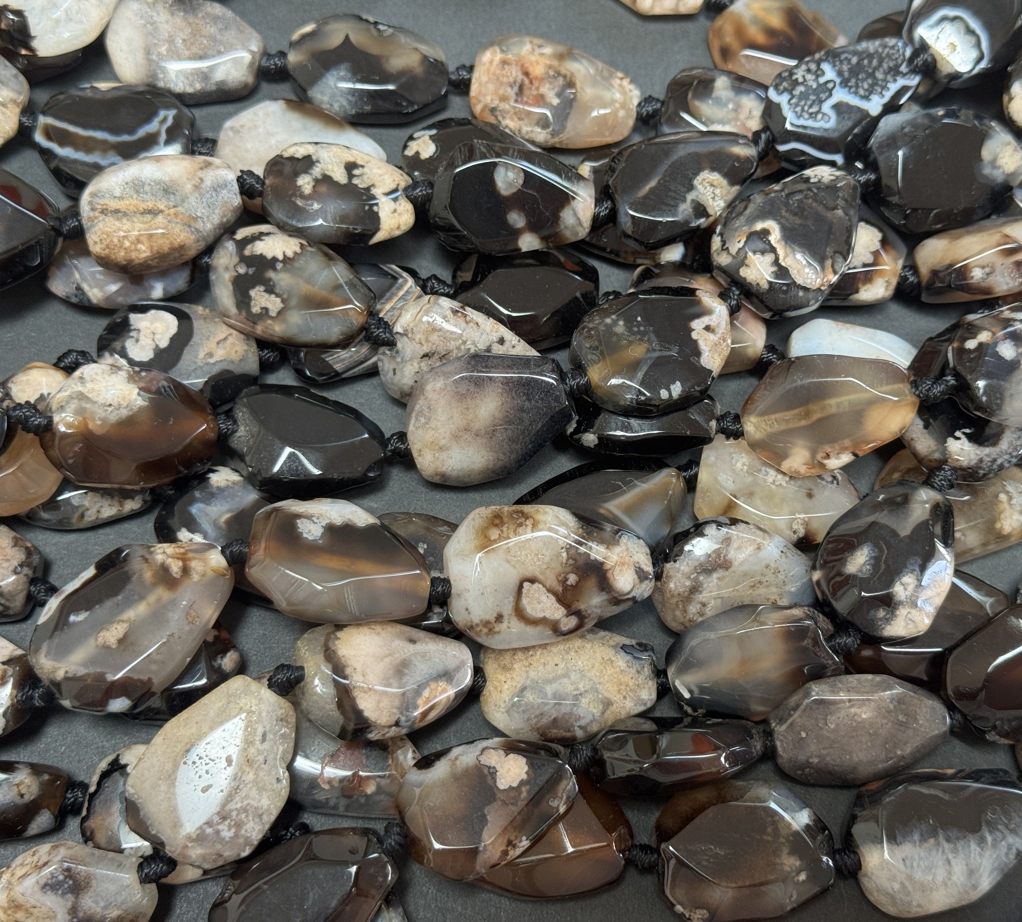 Black Sakura Agate freeform faceted gemstone beads 40cm strand - Oz Beads 