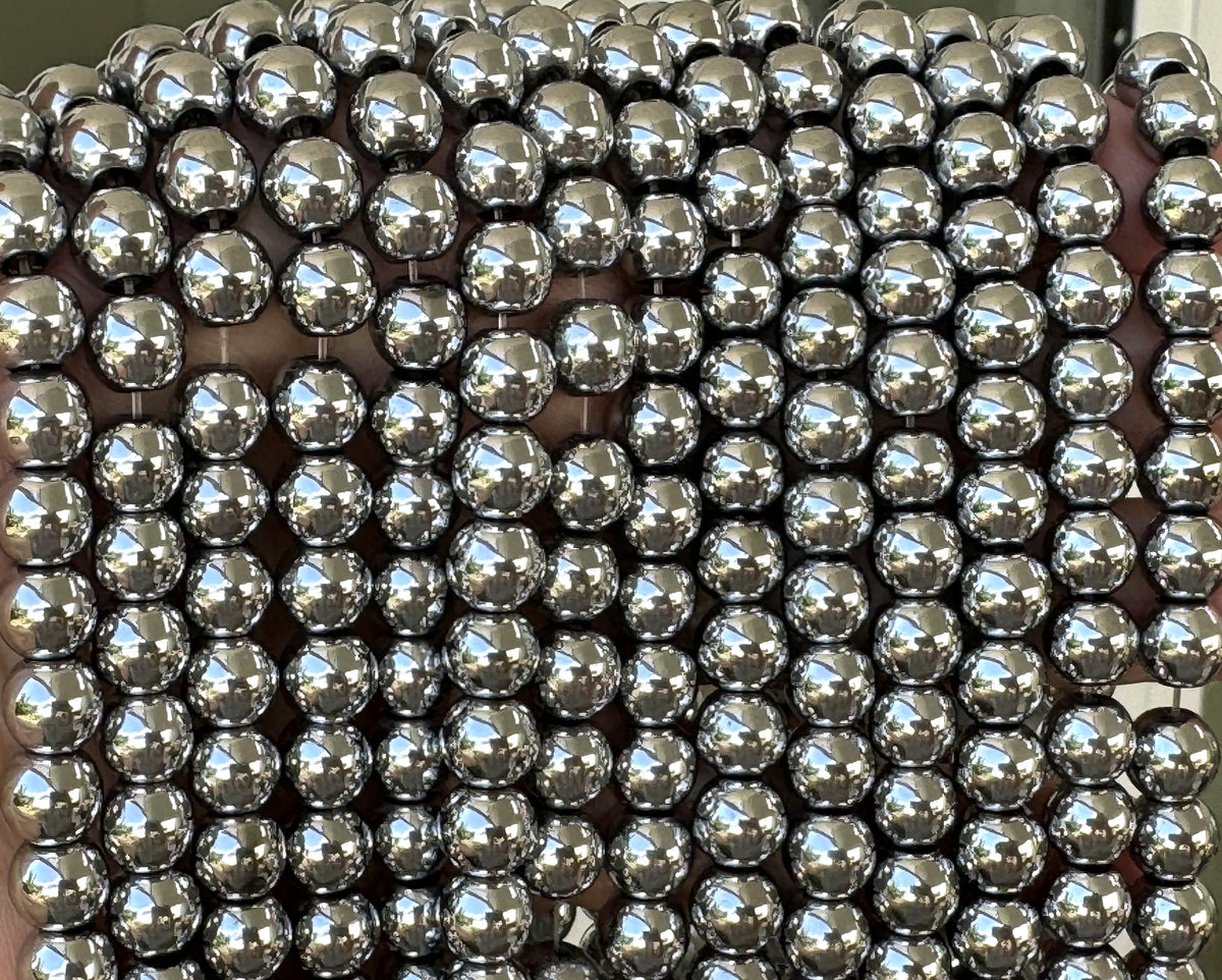 Platinum Silver Electroplated Hematite 8mm round spacer beads 15.5" strand - Oz Beads 