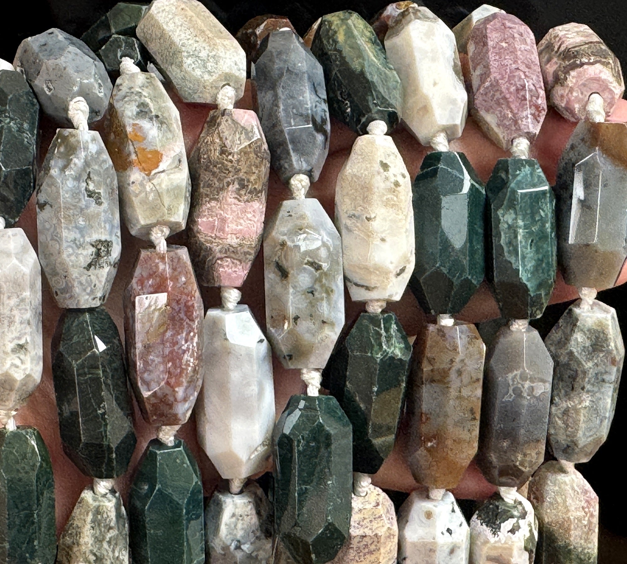 Madagascar Ocean Jasper 30mmx14mm faceted barrel gemstone beads 40cm strand - Oz Beads 