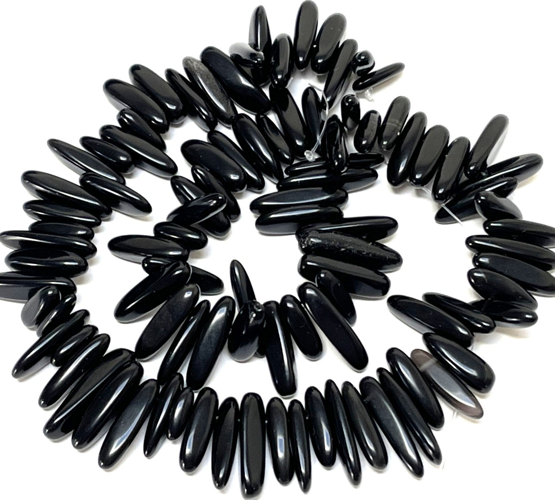 Black Agate top drilled tooth stick dagger beads 15" strand