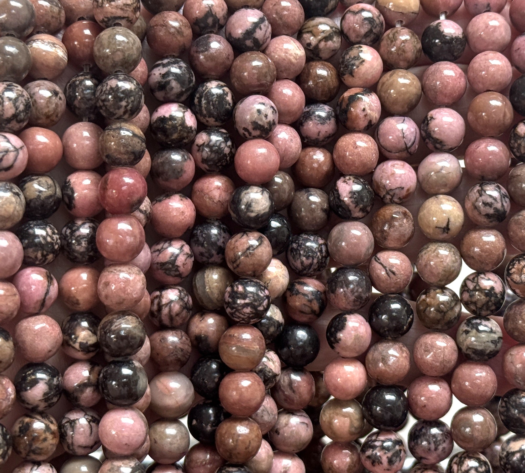 Black Veined Rhodonite 8mm round natural gemstone beads 15" strand - Oz Beads 