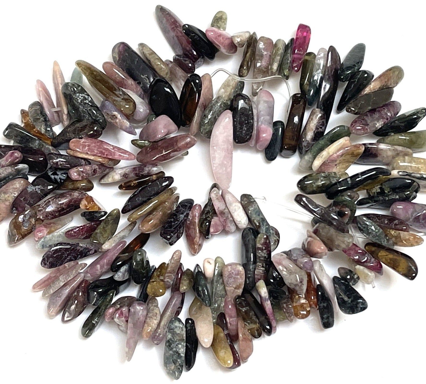 Multi Colour Tourmaline top drilled small tooth stick beads 15.5" strand