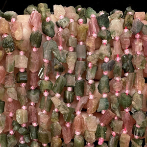 Pink Green Watermelon Tourmaline raw nuggets natural gemstone beads 38cm strand - Oz Beads 