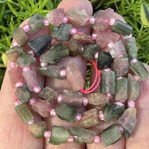 Pink Green Watermelon Tourmaline raw nuggets natural gemstone beads 38cm strand - Oz Beads 