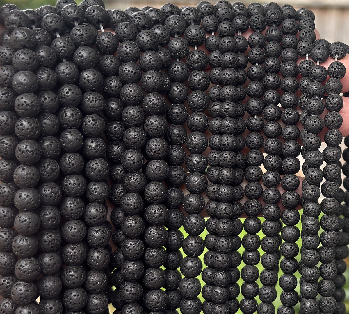 Lava Black diffuser beads, round natural volcanic lava, 6, 8, 10mm, 39cm (15.5") strand