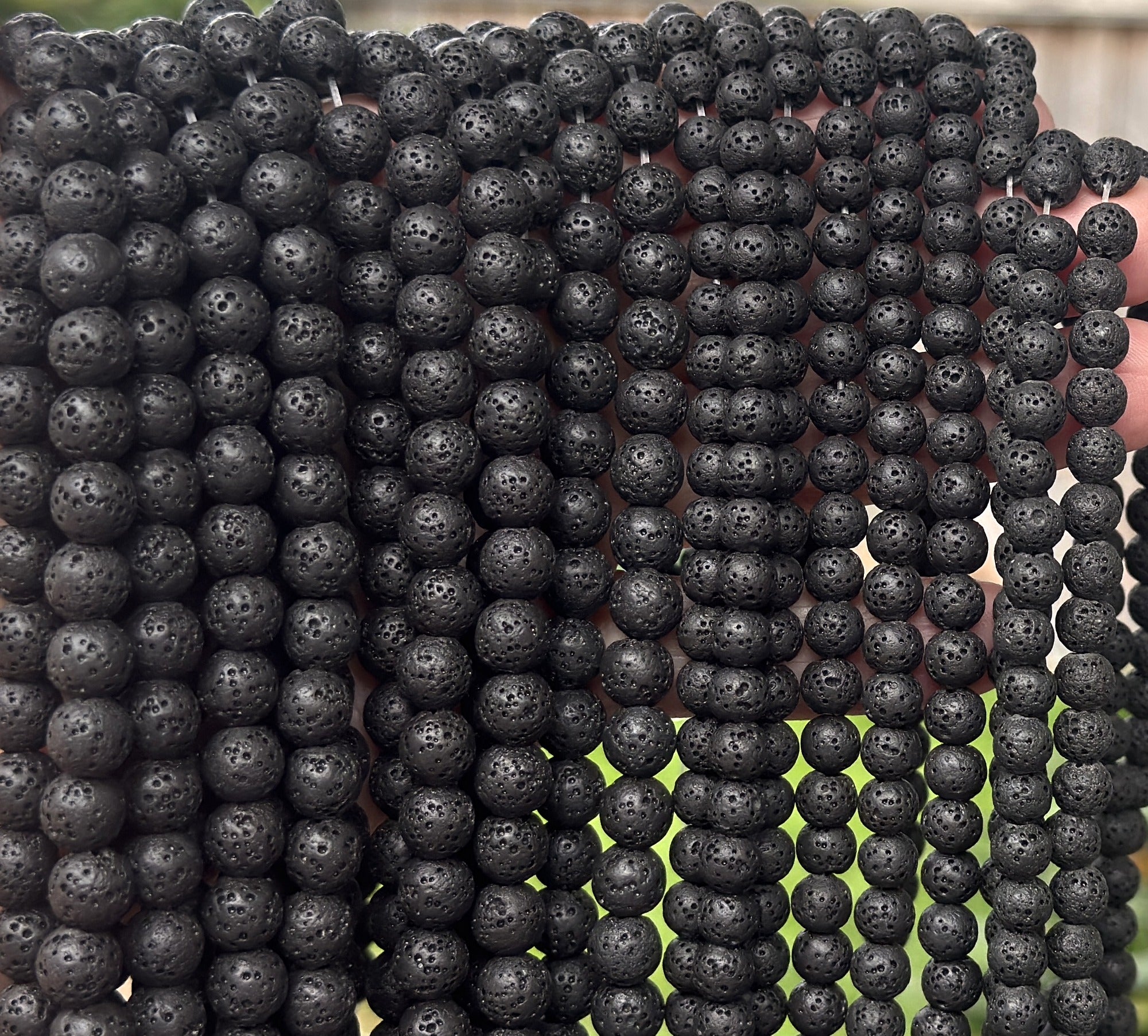 Lava Black diffuser beads, round natural volcanic lava, 6, 8, 10mm, 39cm (15.5") strand