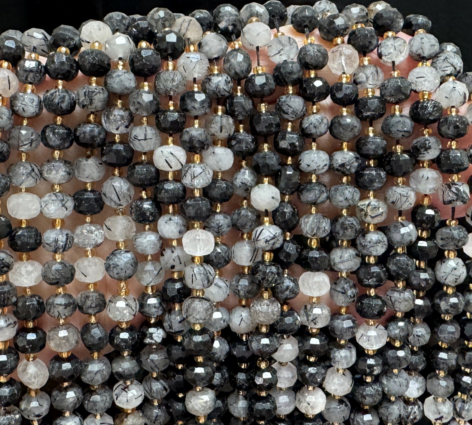 Black Rutilated Quartz 6x8mm faceted rondelle gemstone beads 38cm strand