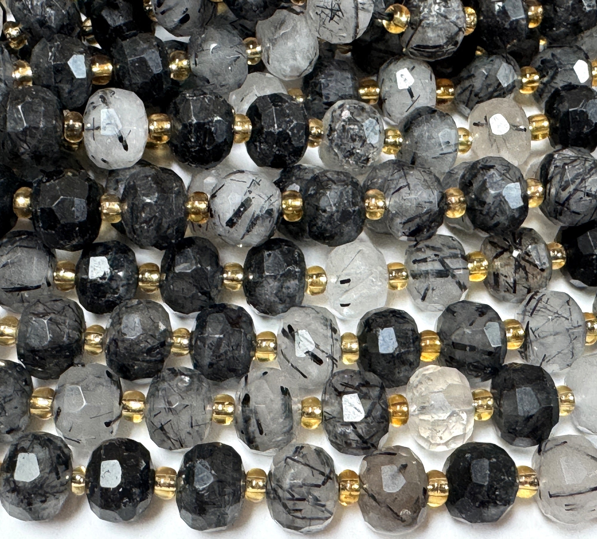 Black Rutilated Quartz 6x8mm faceted rondelle gemstone beads 38cm strand