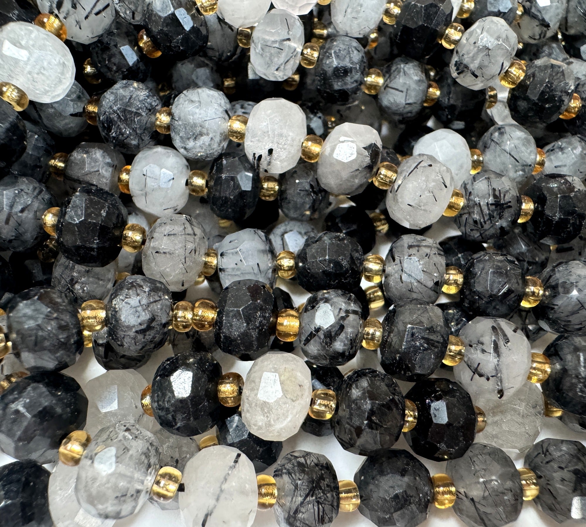 Black Rutilated Quartz 6x8mm faceted rondelle gemstone beads 38cm strand
