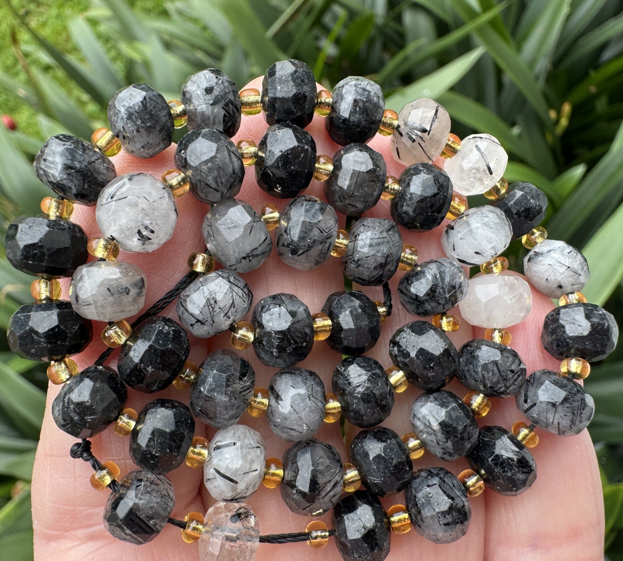 Black Rutilated Quartz 6x8mm faceted rondelle gemstone beads 38cm strand