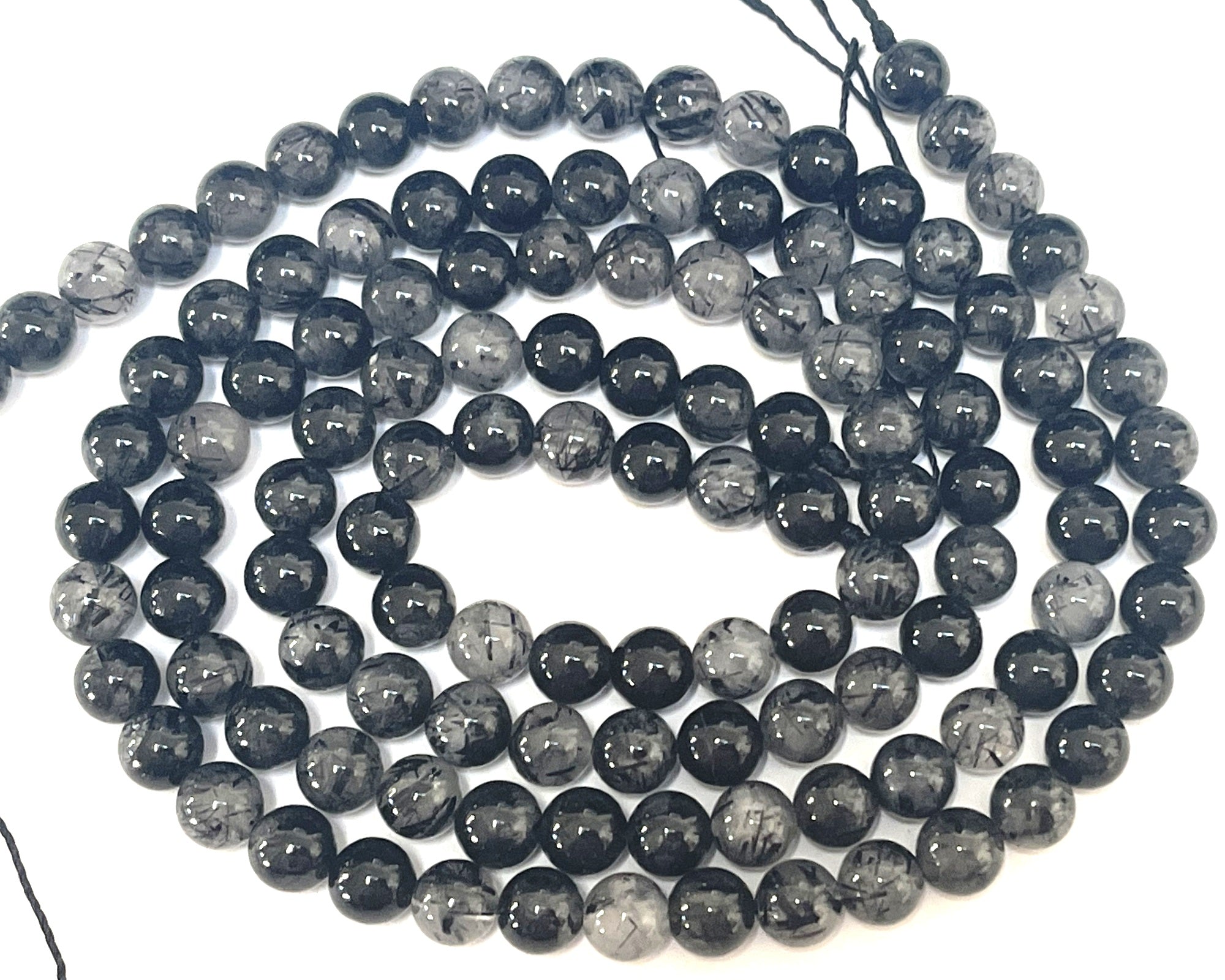 Black Tourmaline Rutilated Quartz 6mm round natural gemstone beads 15" strand
