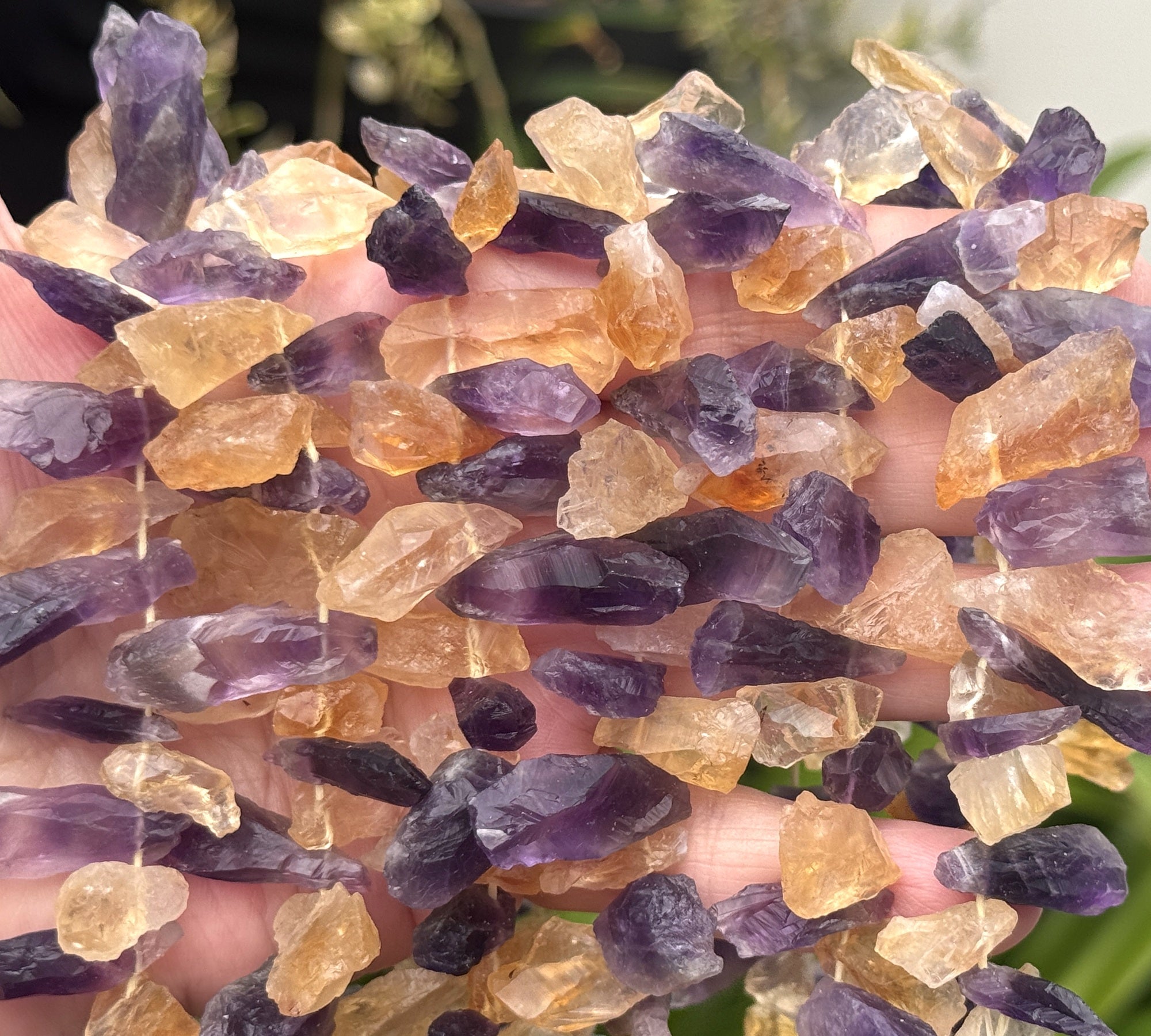 Amethyst and Citrine raw rough top drilled natural rock crystal beads 16" strand - Oz Beads 