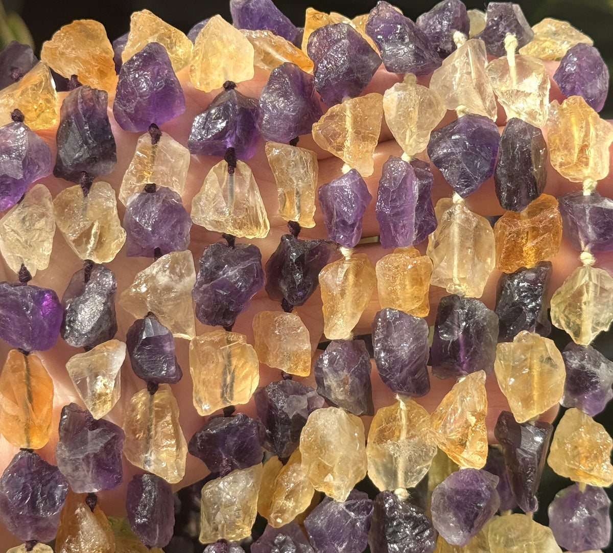Amethyst Citrine mix raw rough nuggets center drilled natural rock crystal beads 16" strand - Oz Beads 