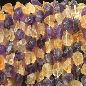 Amethyst Citrine mix raw rough nuggets center drilled natural rock crystal beads 16" strand - Oz Beads 