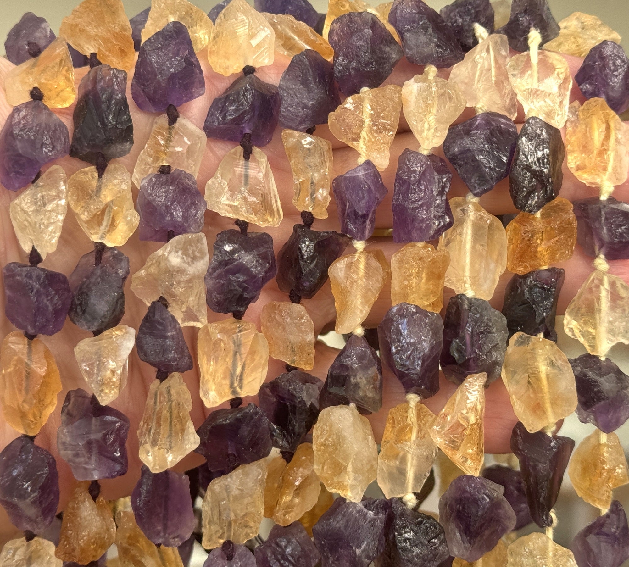 Amethyst Citrine mix raw rough nuggets center drilled natural rock crystal beads 16" strand - Oz Beads 