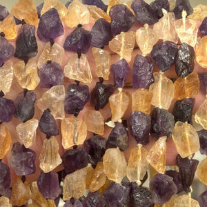 Amethyst Citrine mix raw rough nuggets center drilled natural rock crystal beads 16" strand - Oz Beads 