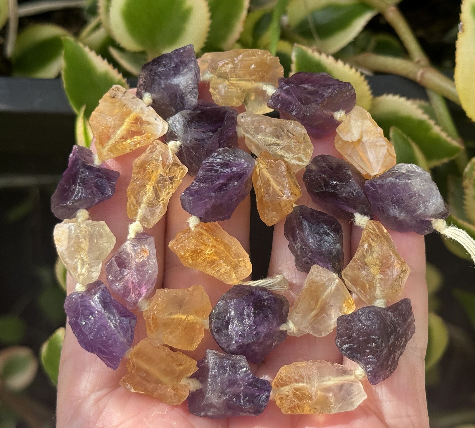 Amethyst Citrine mix raw rough nuggets center drilled natural rock crystal beads 16" strand - Oz Beads 