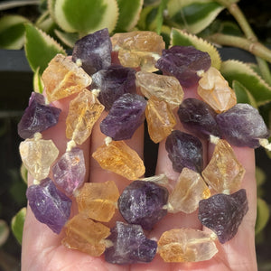 Amethyst Citrine mix raw rough nuggets center drilled natural rock crystal beads 16" strand - Oz Beads 