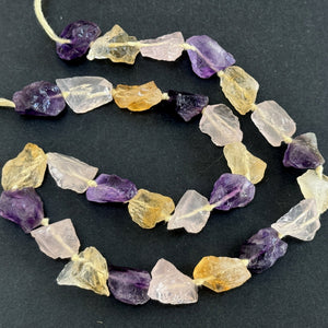 Amethyst Citrine Rose Quartz mix raw rough nuggets center drilled natural rock crystal beads 16" strand - Oz Beads 
