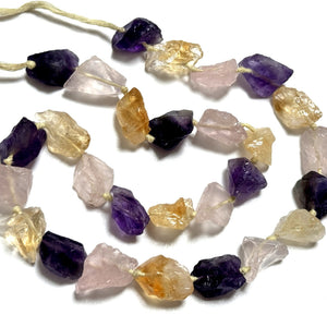 Amethyst Citrine Rose Quartz mix raw rough nuggets center drilled natural rock crystal beads 16" strand - Oz Beads 