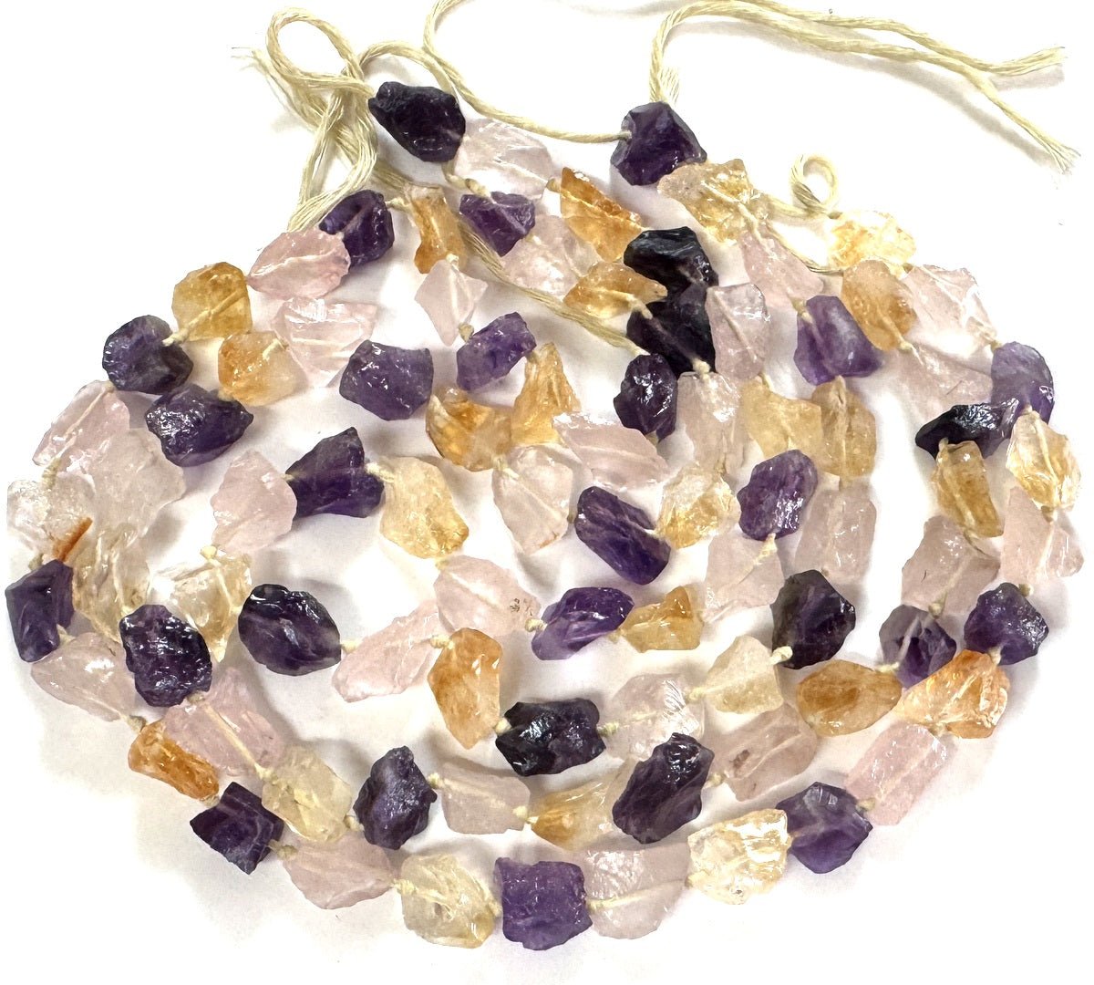 Amethyst Citrine Rose Quartz mix raw rough nuggets center drilled natural rock crystal beads 16" strand - Oz Beads