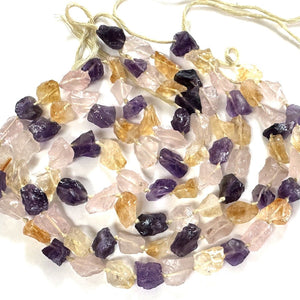 Amethyst Citrine Rose Quartz mix raw rough nuggets center drilled natural rock crystal beads 16" strand - Oz Beads