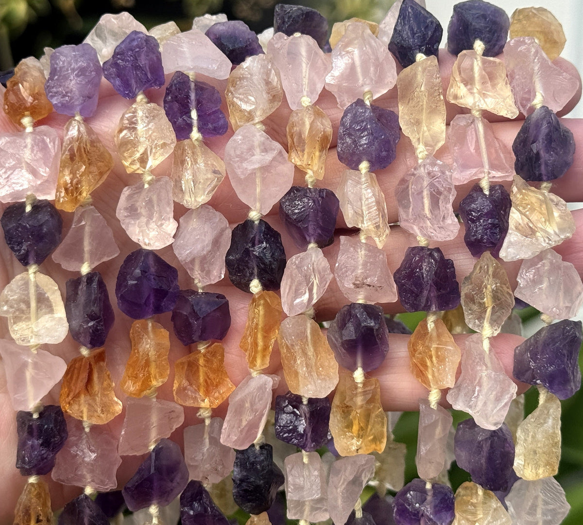 Amethyst Citrine Rose Quartz mix raw rough nuggets center drilled natural rock crystal beads 16" strand - Oz Beads 