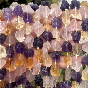 Amethyst Citrine Rose Quartz mix raw rough nuggets center drilled natural rock crystal beads 16" strand - Oz Beads 