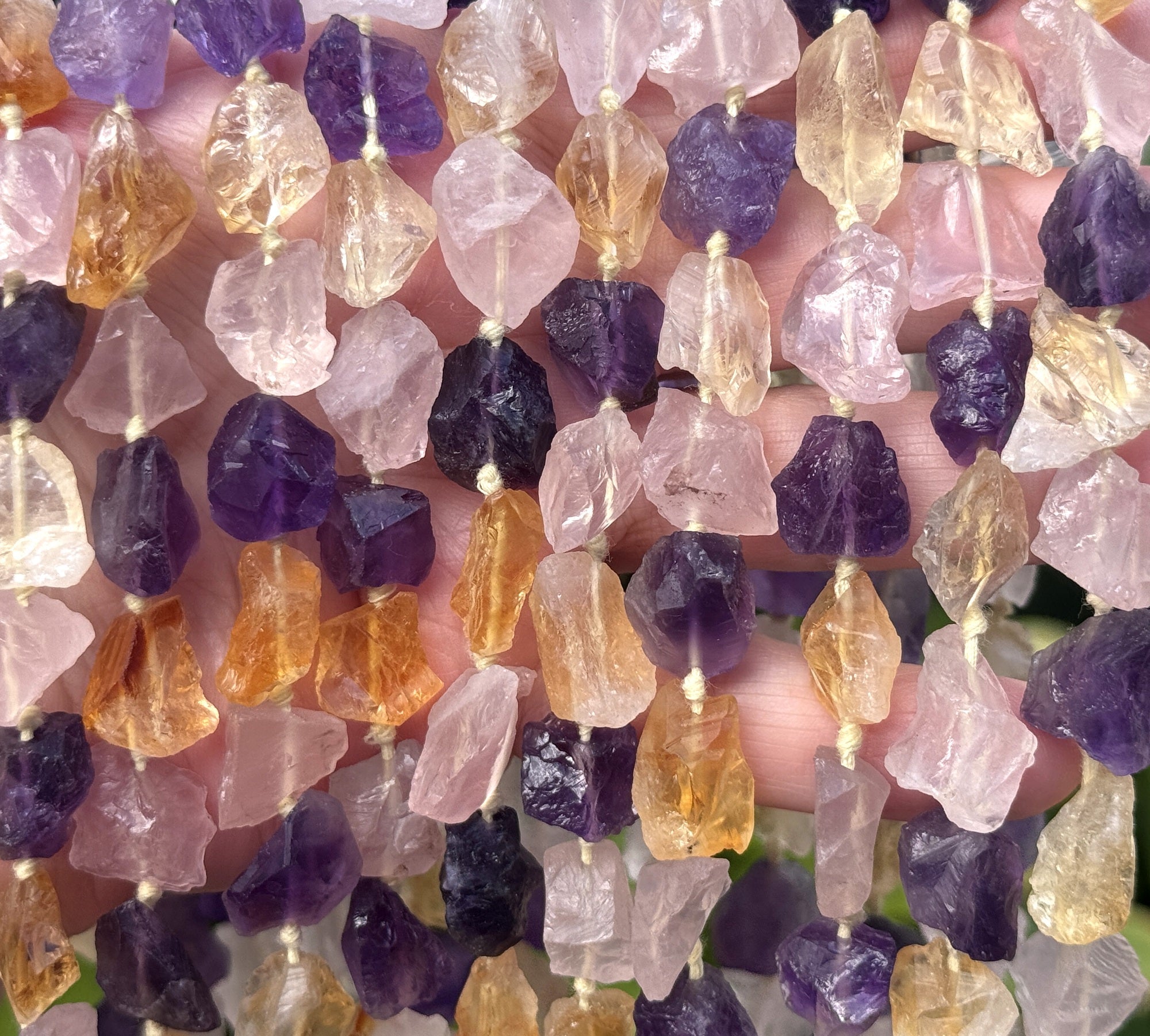 Amethyst Citrine Rose Quartz mix raw rough nuggets center drilled natural rock crystal beads 16" strand - Oz Beads 
