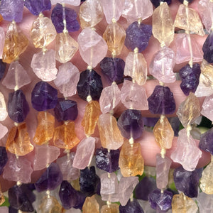 Amethyst Citrine Rose Quartz mix raw rough nuggets center drilled natural rock crystal beads 16" strand - Oz Beads 