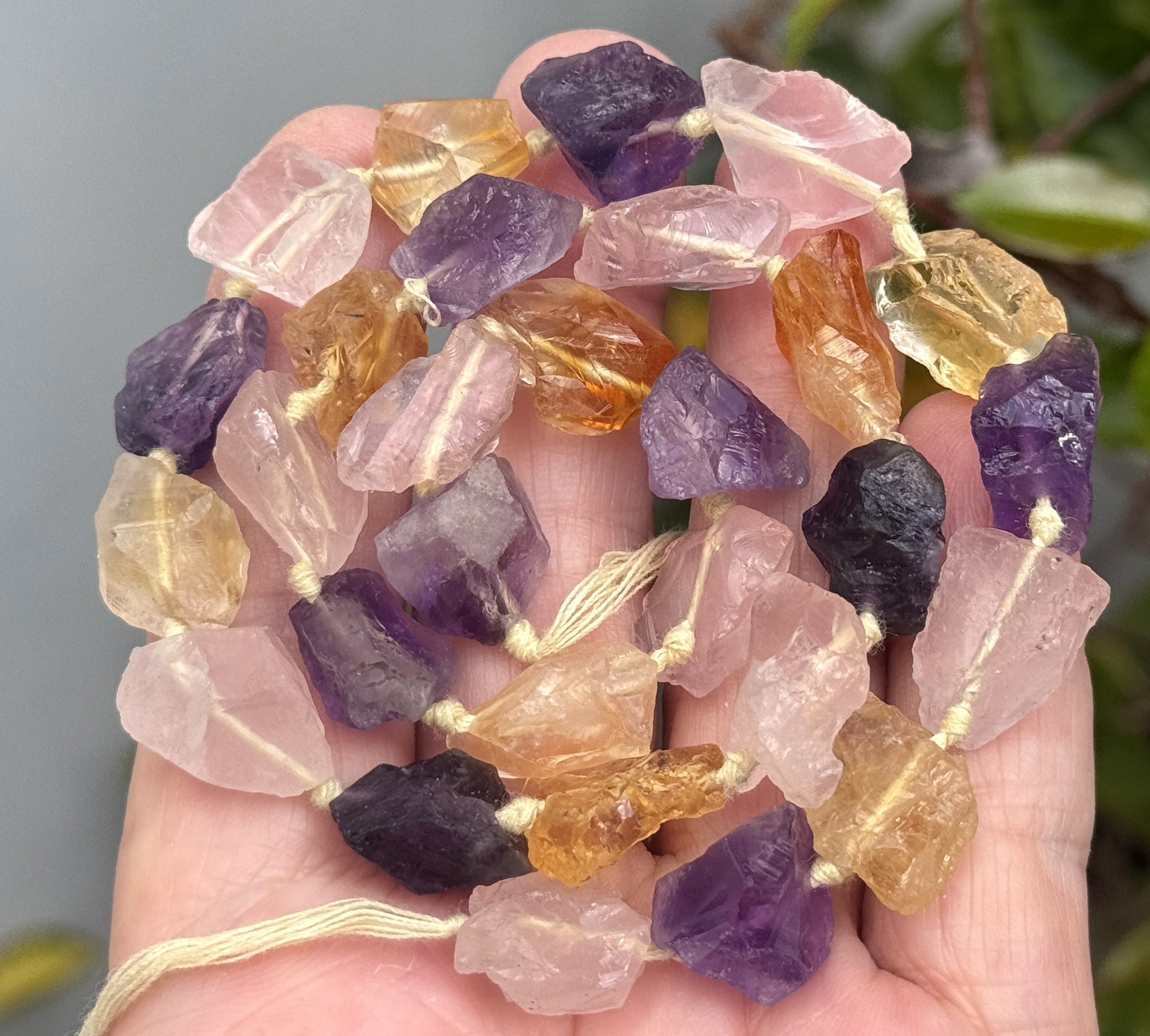 Amethyst Citrine Rose Quartz mix raw rough nuggets center drilled natural rock crystal beads 16" strand - Oz Beads 