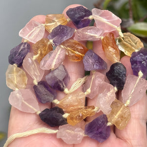 Amethyst Citrine Rose Quartz mix raw rough nuggets center drilled natural rock crystal beads 16" strand - Oz Beads 