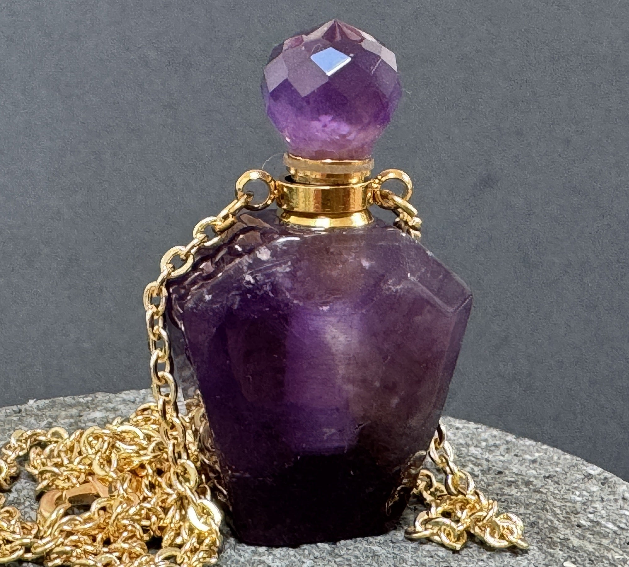 Amethyst Perfume Bottle Necklace, natural gemstone 38mm crystal pendant on chain - Oz Beads 