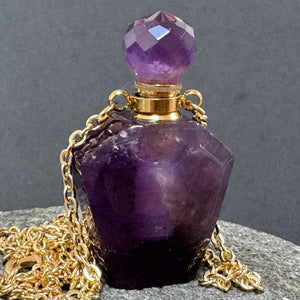 Amethyst Perfume Bottle Necklace, natural gemstone 38mm crystal pendant on chain - Oz Beads 