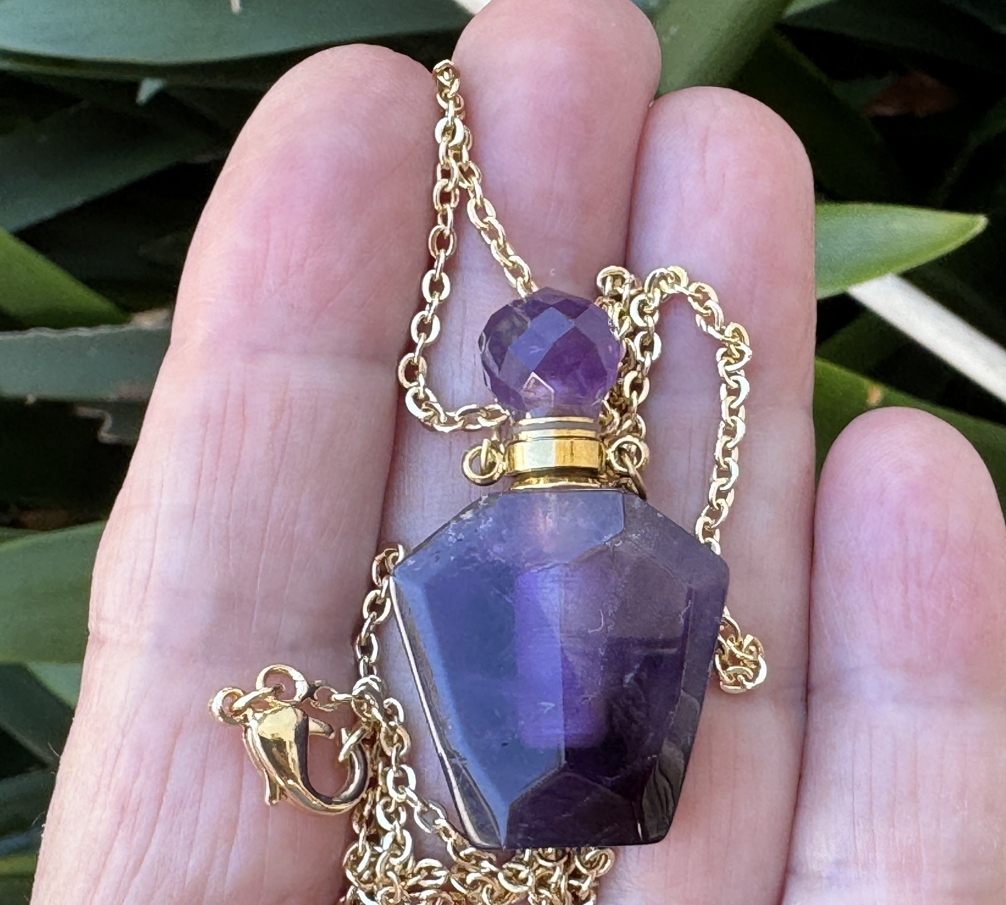 Amethyst Perfume Bottle Necklace, natural gemstone 38mm crystal pendant on chain - Oz Beads 