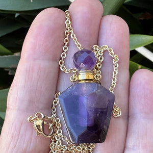 Amethyst Perfume Bottle Necklace, natural gemstone 38mm crystal pendant on chain - Oz Beads 