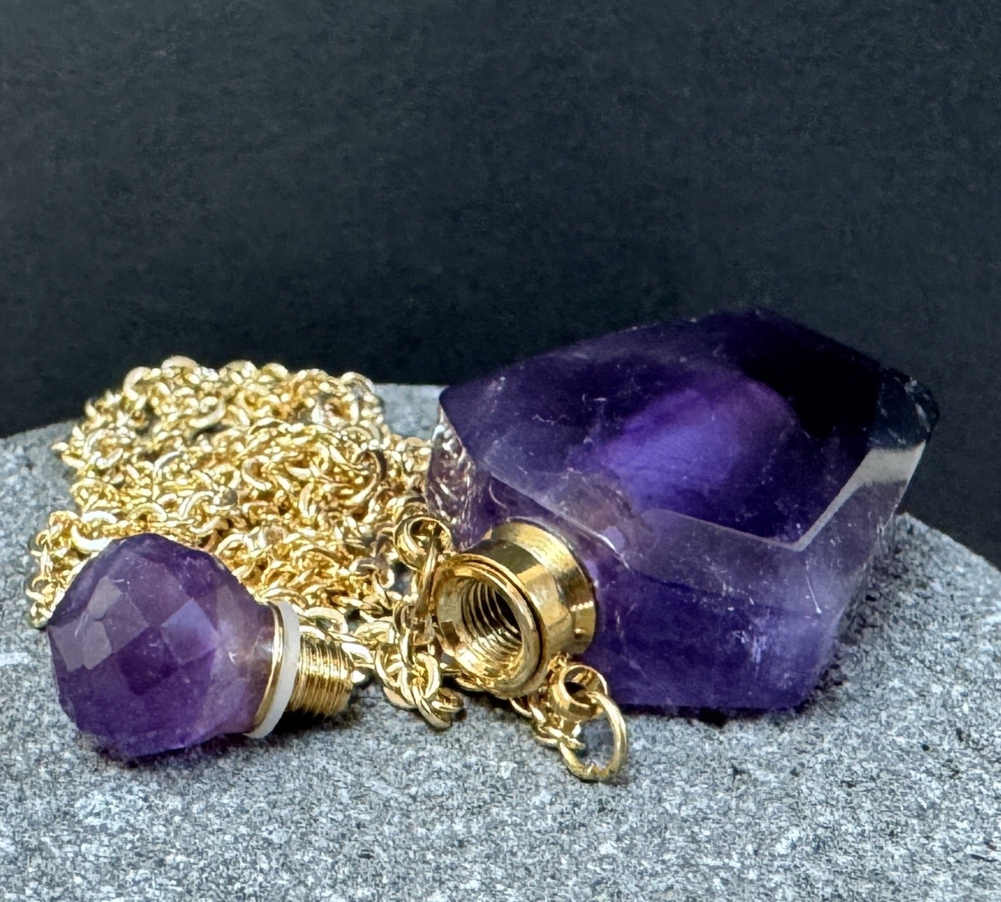 Amethyst Perfume Bottle Necklace, natural gemstone 38mm crystal pendant on chain - Oz Beads 