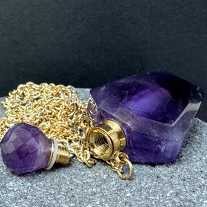 Amethyst Perfume Bottle Necklace, natural gemstone 38mm crystal pendant on chain - Oz Beads 