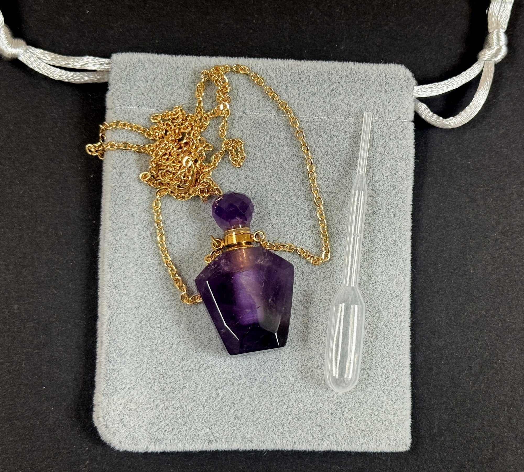 Amethyst Perfume Bottle Necklace, natural gemstone 38mm crystal pendant on chain - Oz Beads 