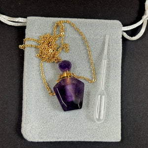 Amethyst Perfume Bottle Necklace, natural gemstone 38mm crystal pendant on chain - Oz Beads 